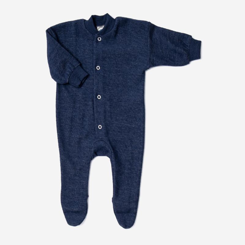 Baby Schlafanzug mit Fuß von Cosilana aus Wollfrottee in marineblau