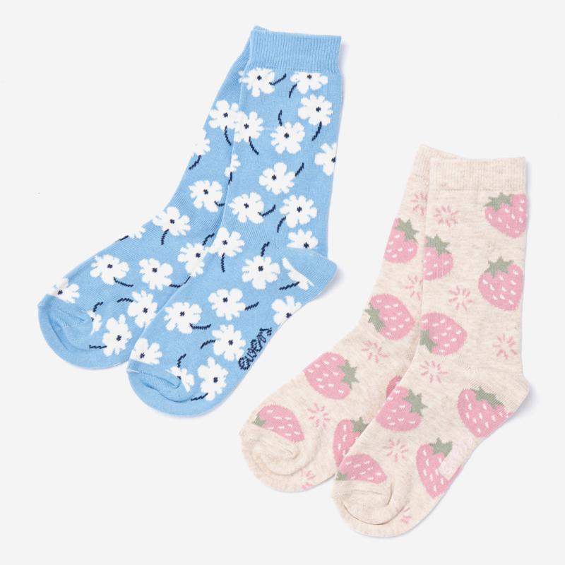 Kinder Socken von Ewers im 2-er Pack aus Bio-Baumwolle in Erdbeere/Blumen Muster