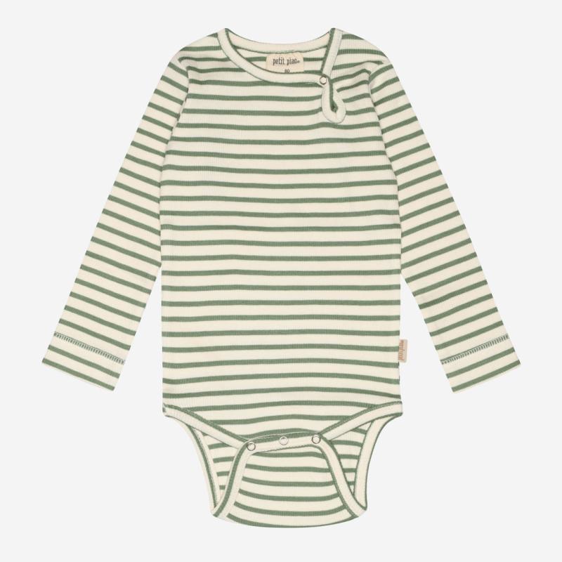 Baby Langarm Body von Petit Piao aus Bio-Baumwolle/Modal in Ringel spring green/offwhite