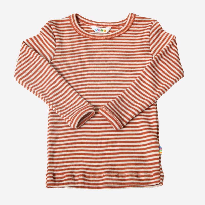 Kinder Longsleeve Shirt von Joha aus Merinowolle-Seide-Mischung Ringel rot-weiß
