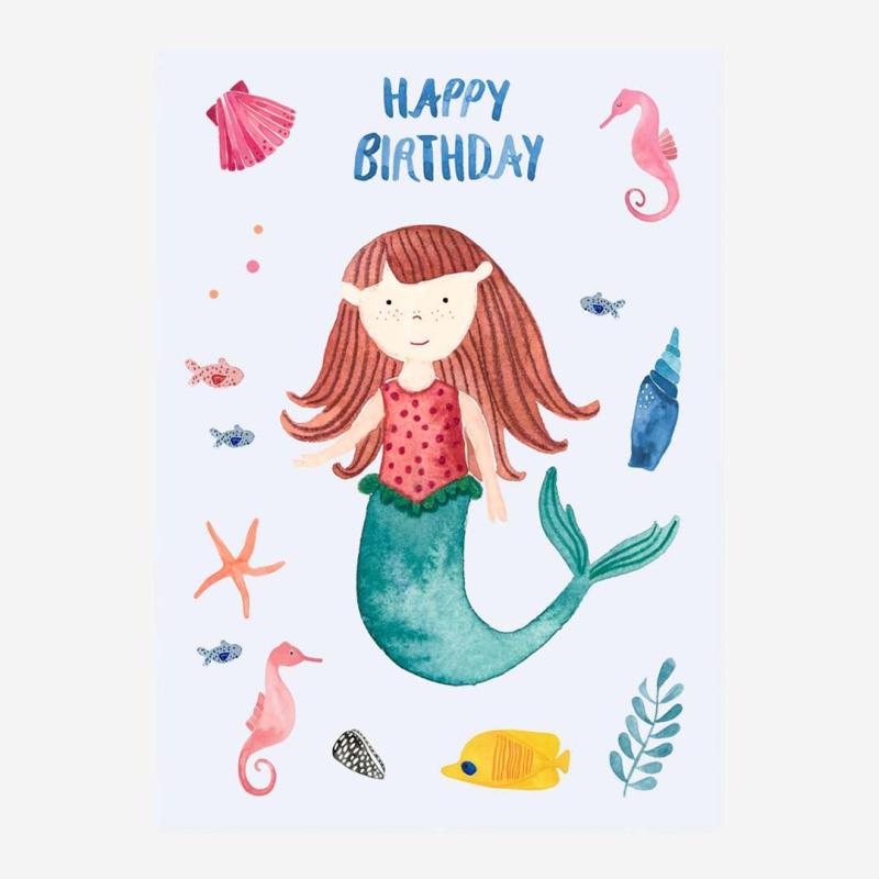 Postkarte „Happy Birthday" (Meeresmädchen) von Frau Ottilie