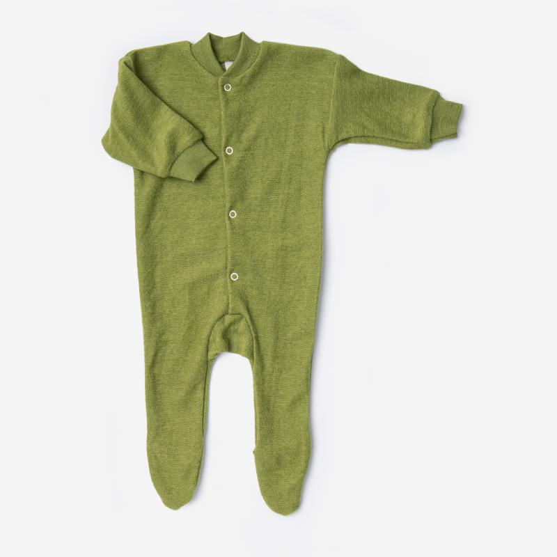 Baby Schlafanzug mit Fuß von Cosilana aus Wollfrottee in grün