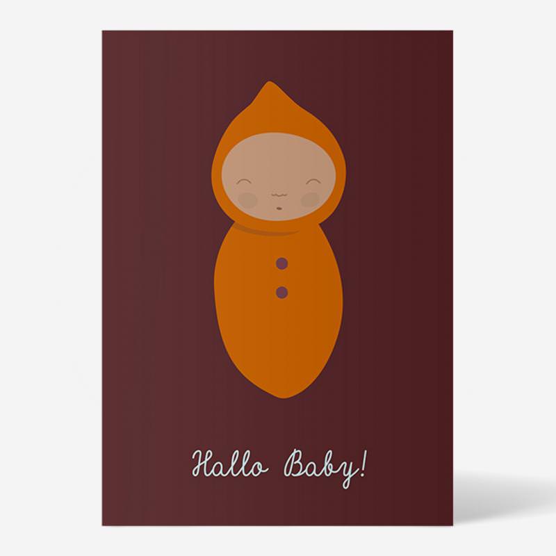 Postkarte „Hallo Baby“ orange von ellou in DIN A6