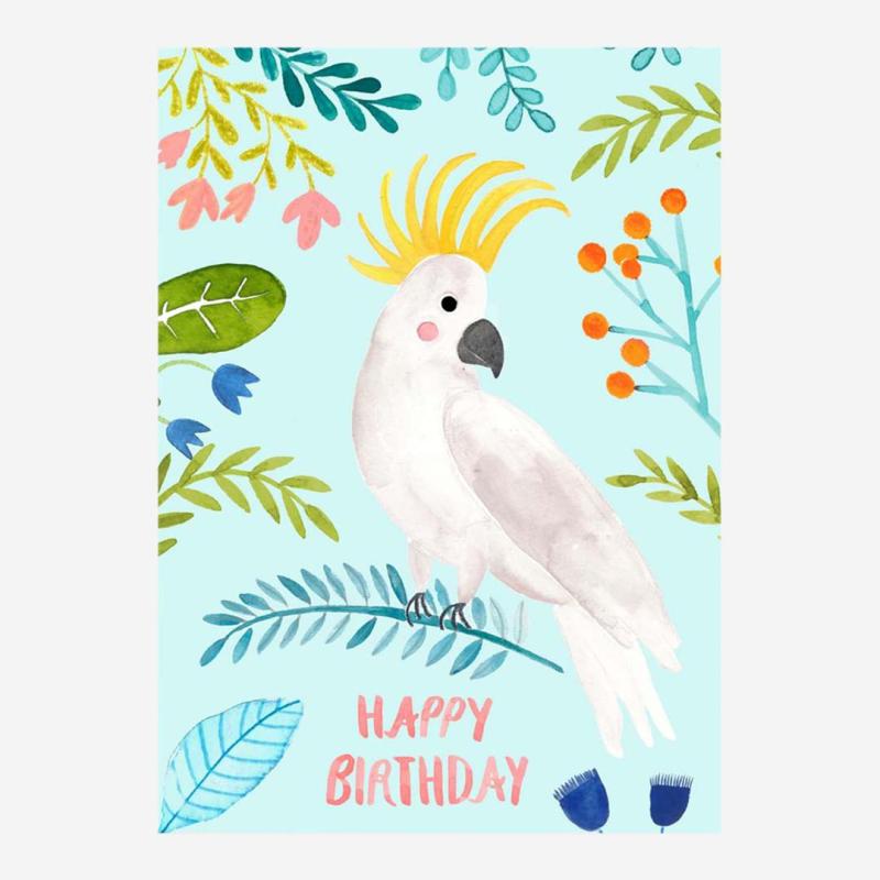 Postkarte „Happy Birthday" mit Kakadu von Frau Ottilie