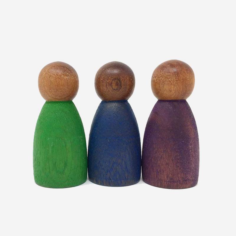 3 dunkle Nins® Holzfiguren blau-grün