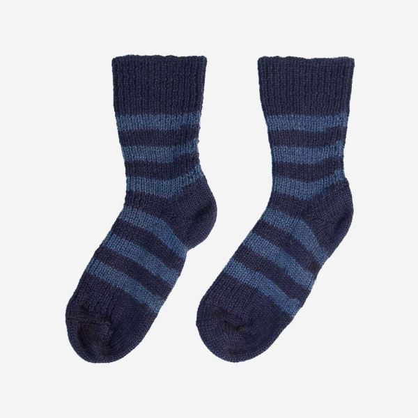 Kinder Socken von Hirsch aus Wolle in marine/jeans geringelt