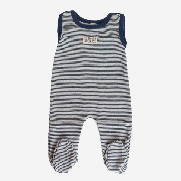 Baby Strampler mit Fuß von Lilano aus Wolle/Seide in marine geringelt