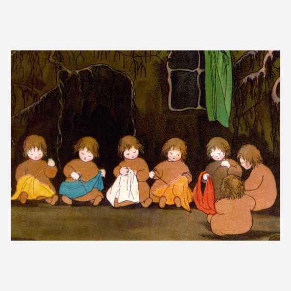 Postkarte „Wurzelkinder am Nähen von Sybille von Olfers