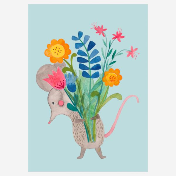 Postkarte „Maus mit Blumen“