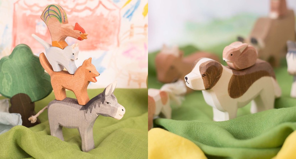 Holztiere und Spieltuecher zum Spielen für Kinder.